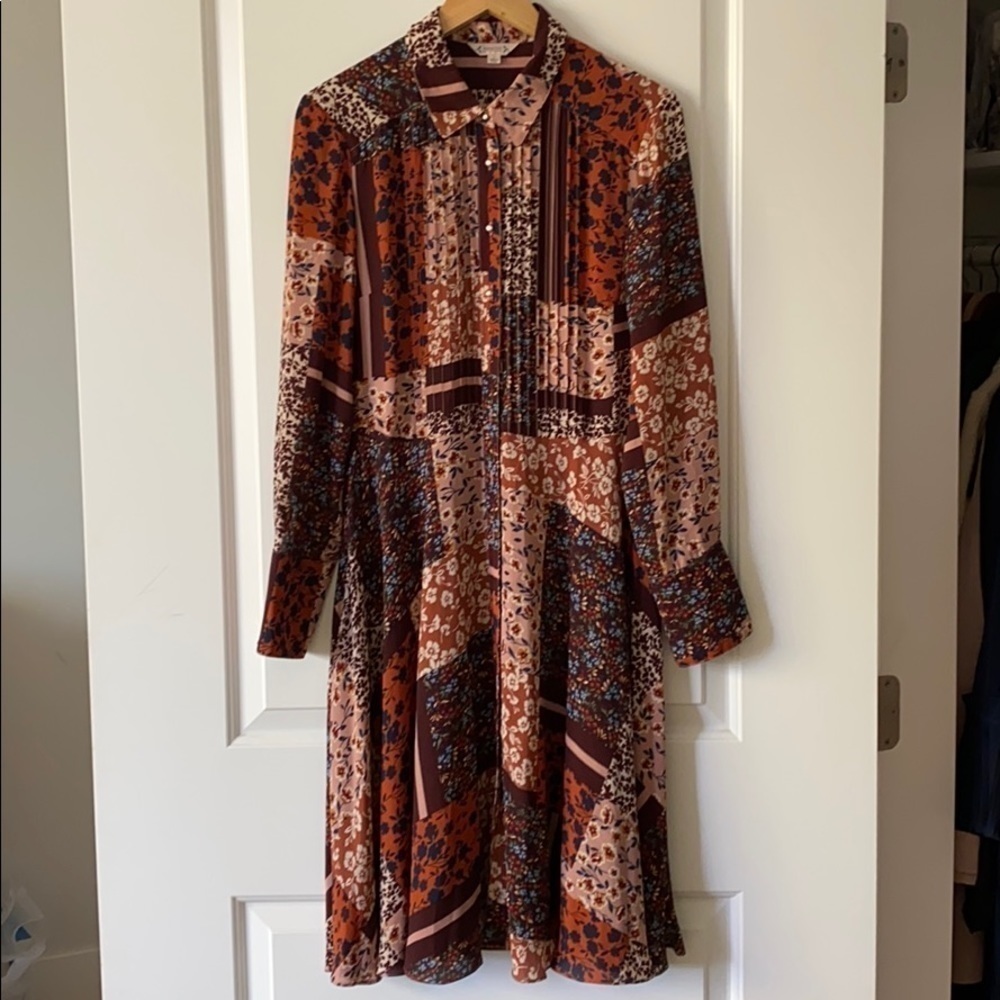 Nanette Burgundy Pleated waist tie shirt floral dress